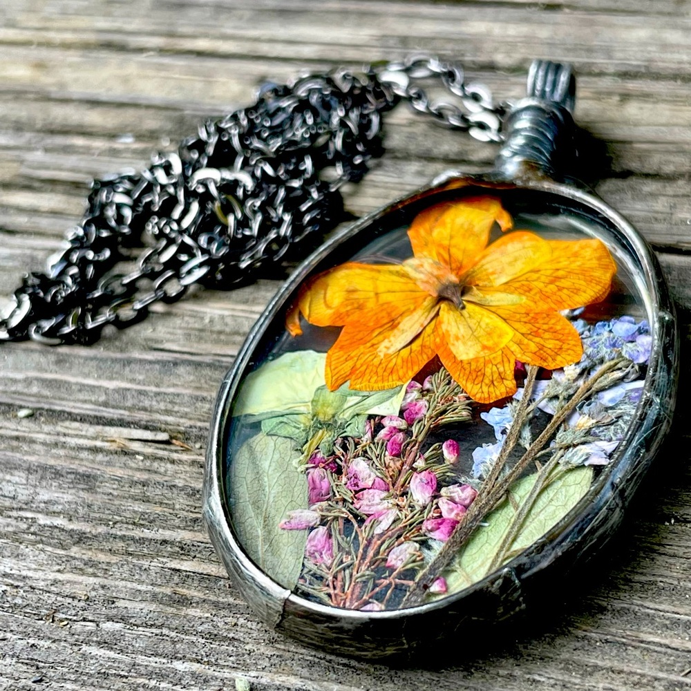 Polish Glass Pressed Wildflower Necklace